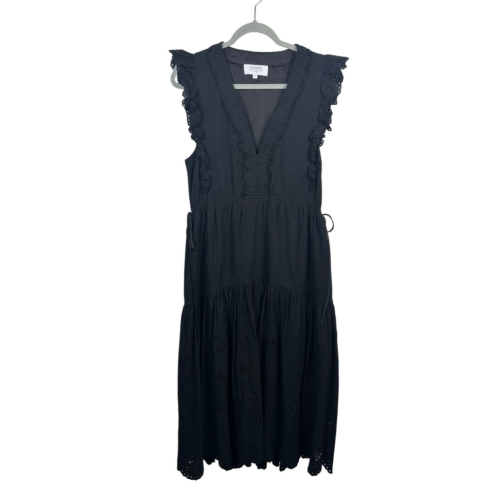 La Ligne Eyelet Midi Dress Women L Black Excellent Ruffle Tiered Cotton
